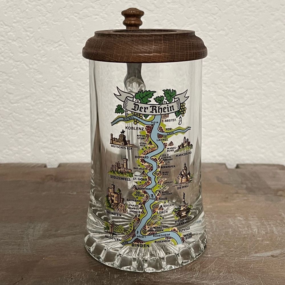Vintage Der Rhein River Authentic German Glass Stein with Wooden Lid
